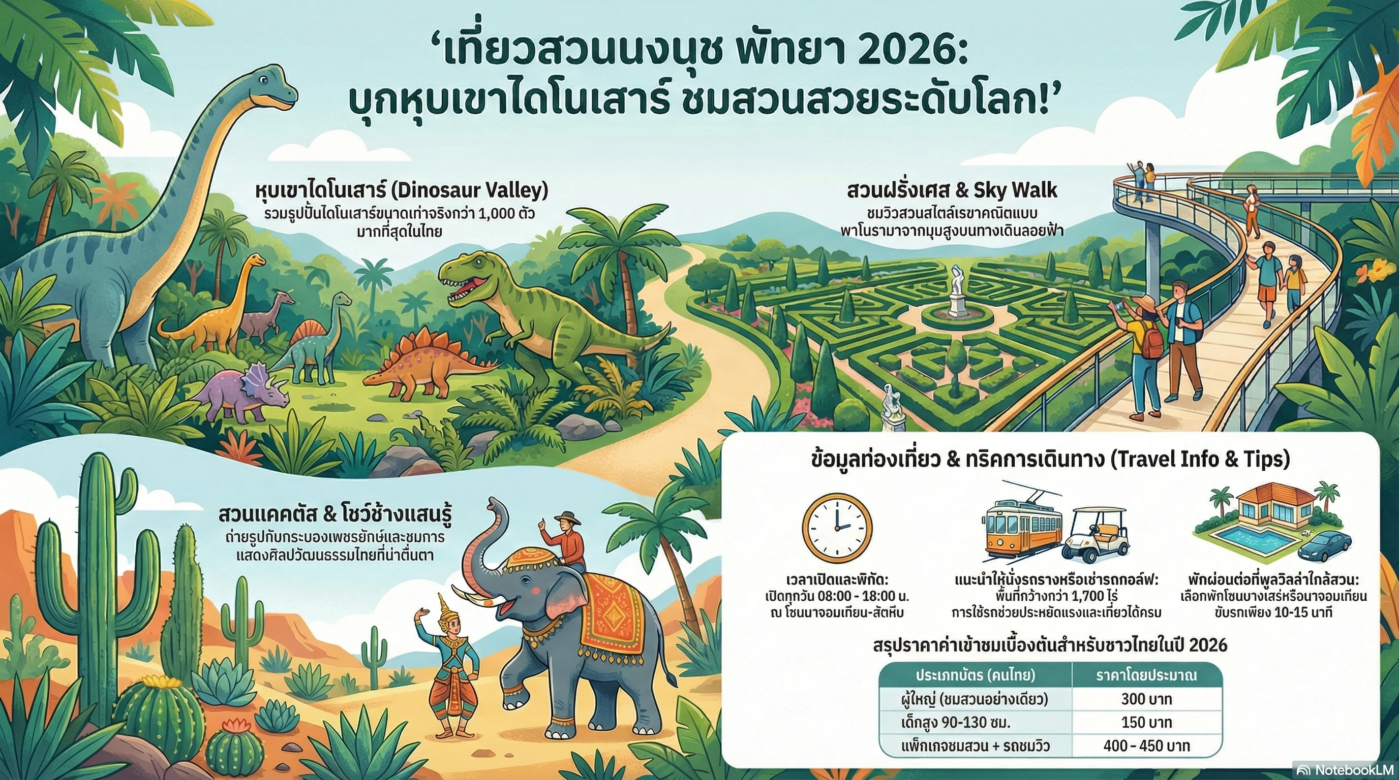 รีวิว สวนนงนุช พัทยา อัปเดต 2026! พาทัวร์หุบเขาไดโนเสาร์ สวนฝรั่งเศส พร้อมข้อมูลค่าเข้า เวลาเปิดปิด และพิกัดบ้านพักพูลวิลล่าใกล้สวนนงนุชสำหรับทริปครอบครัว